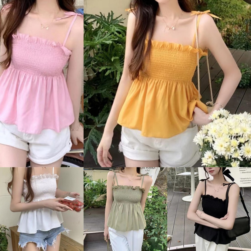 Petite♡︎ S mini top เสื้อสายเดี่ยวสม็อคผูกไหล่ลายดอกไม้น่ารัก