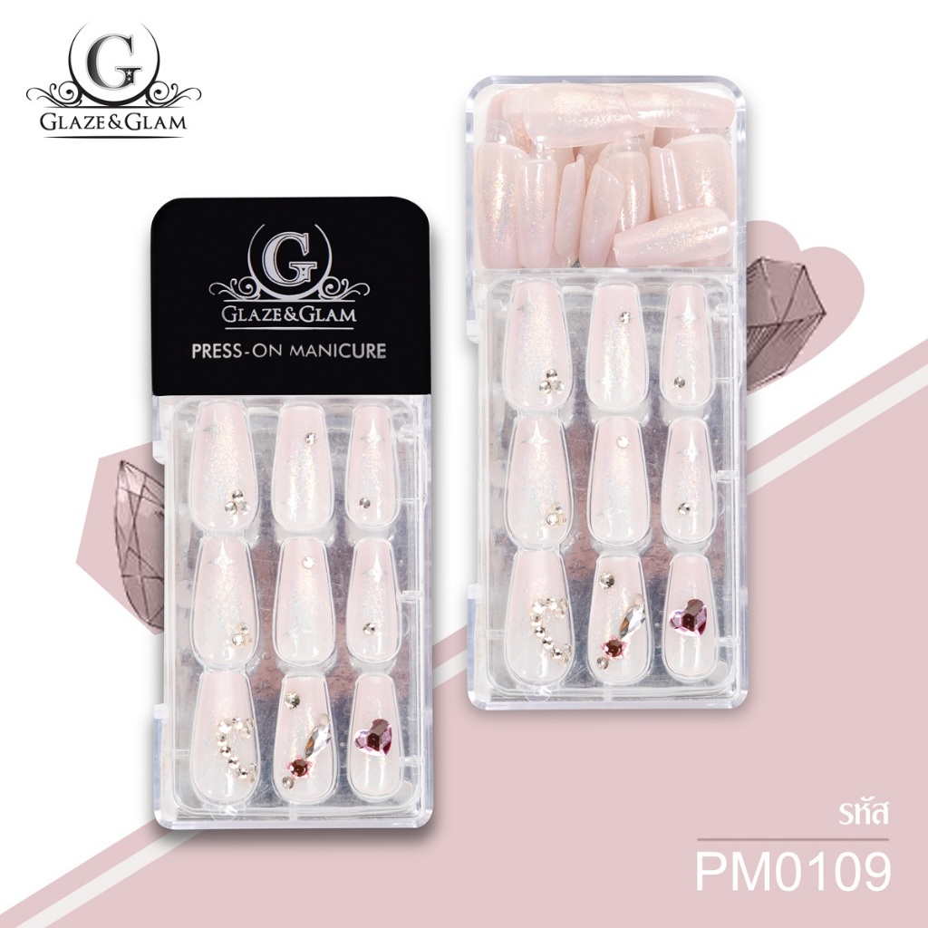 [ New ] GLAZE & GLAM เล็บปลอม เล็บเจลปลอม เล็บปลอมสำเร็จรูป เล็บปลอมพร้อมเทปกาวในตัว PRESS ON NAILS / PM0109 / 30 PCS