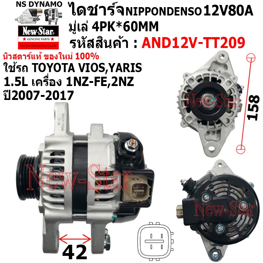 ไดชาร์จ ไดชาร์ท 12V80A ได NIPPONDENSO ใช้รถTOYOTA VIOS,YARIS 1.5L เครื่อง 1NZ-FE,2NZ ประกันโดย ร.ง.New-Star+ไดใหม่100%