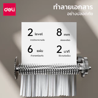 Deli เครื่องทำลายเอกสาร 10 ลิตร Auto เครื่องย่อยเอกสาร A4 6 แผ่น ย่อยระดับ2 ปลอดภัย Paper Shredder