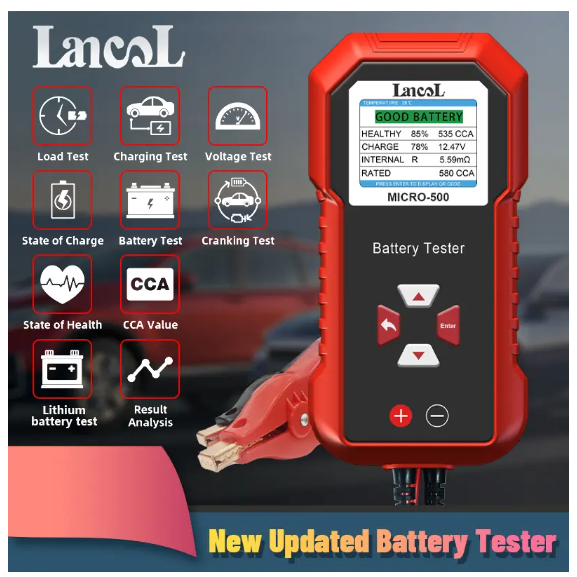 Lancol Micro 500 เครื่องทดสอบแบตเตอรี่ลิเธียม 12V 40-3000 CCA หน้าจอ LED สําหรับรถยนต์