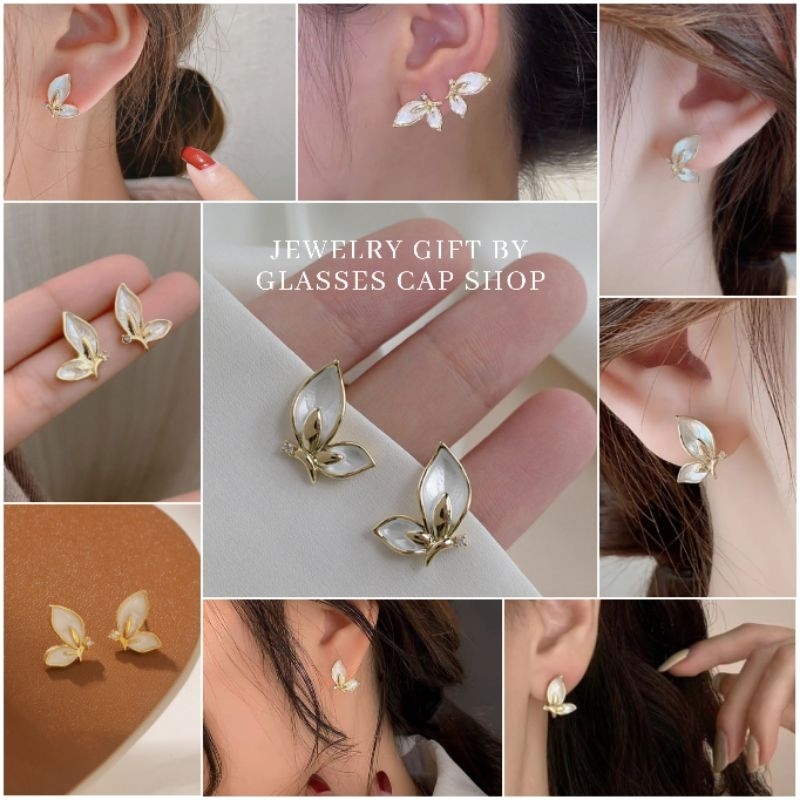 🦋พร้อมส่ง🦋 EA1214 ต่างหูก้านเงิน รูปผีเสื้อ สีขาวมุก สไตล์มินิมอล [[ร้านไทย🇹🇭จัดส่งจากกรุงเทพ]]
