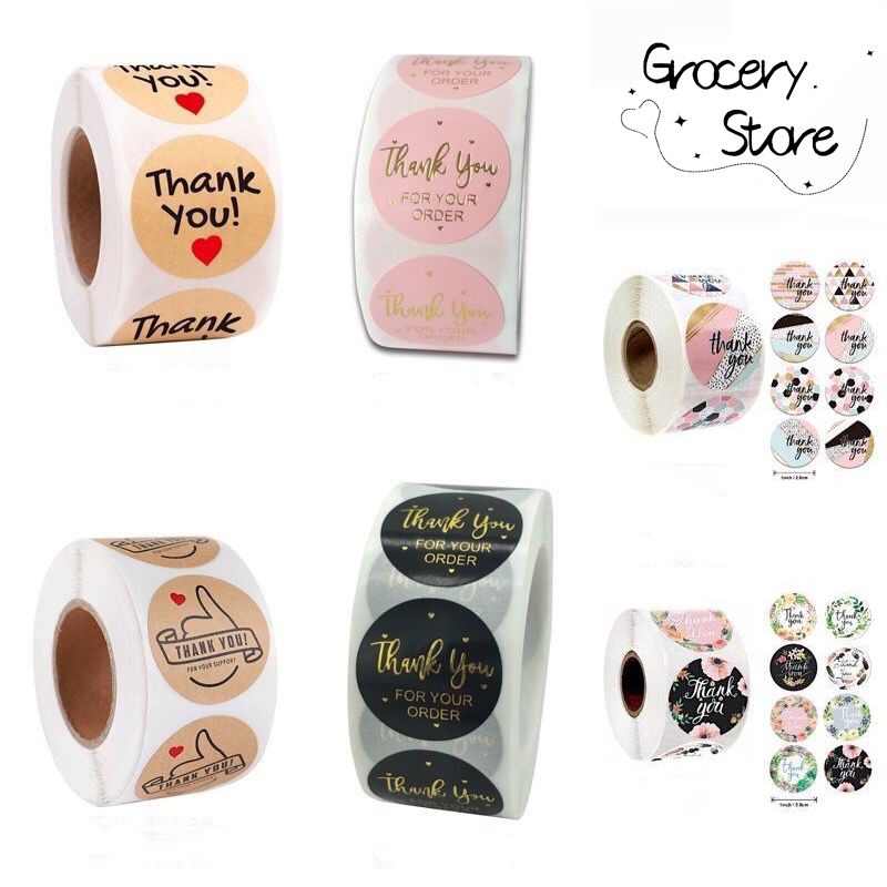 Grocery Store สติ๊กเกอร์ขอบคุณ Thank you Sticker ติดกล่อง ฉลากสินค้า ถุงขนม 500 ดวง/ม้วน