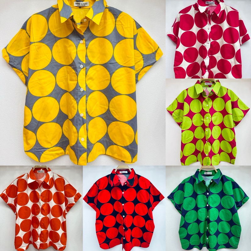 เสื้อคอปกเชิ้ตแขนสั้นแขนในตัว ผ้าคอตตอลญี่ปุ่น100% พิมพ์ลายดอก