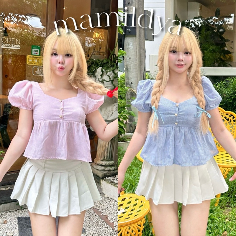 🌟Mamildya.shop🌟 เสื้อแขนตุ๊กตา ลายริ้ว แต่งกระดุมหัวใจ/Q1-4/NUSA-ทางใจ