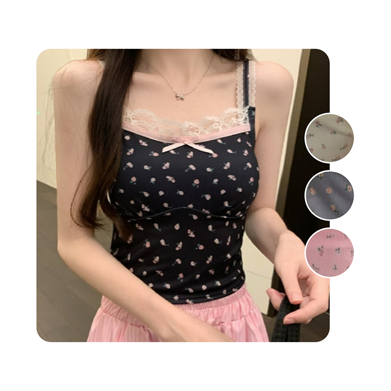 เสื้อสายเดี่ยว B-270 ขอบลูกไม้ ลายดอก มีฟองน้ำในตัว มีให้เลือก 4 สี อก 28-36 นิ้ว
