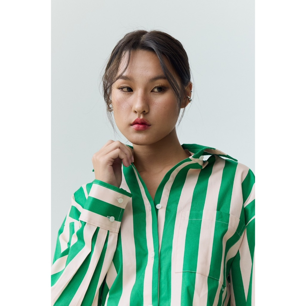 ZTN0055 Striped shirt เชิ้ตลายทางเขียว