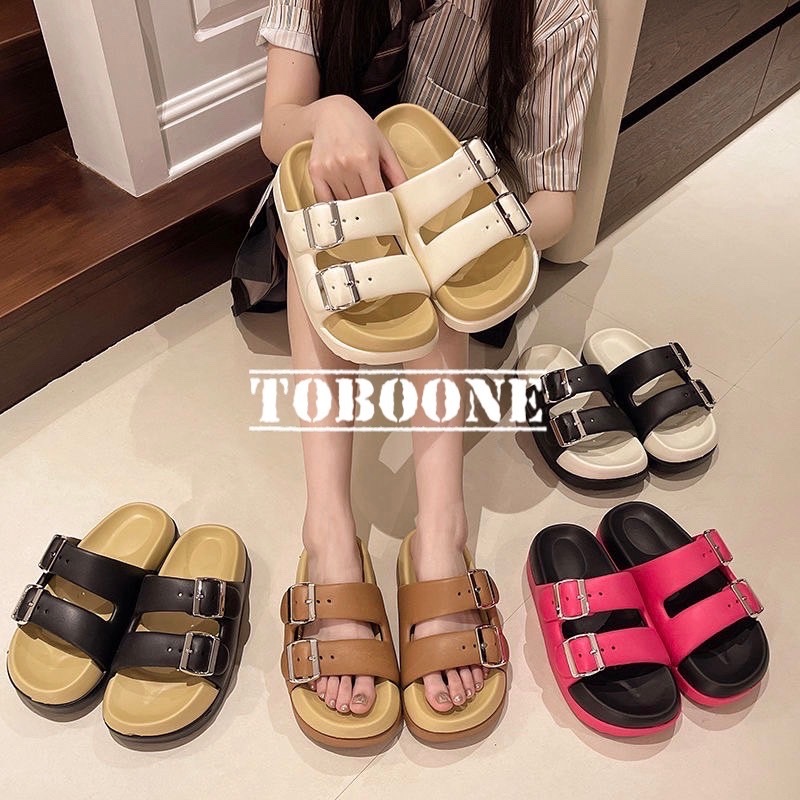 พร้อมส่งจากไทย【TX-8822】 รองเท้าแตะแบบสวม ลายคาดเข็มขัดคู่ สีแป๋นแสบตา เหมาะกับสาวแซ่บซี๊ด พื้นหนานุ่มใส่สบาย TOBO
