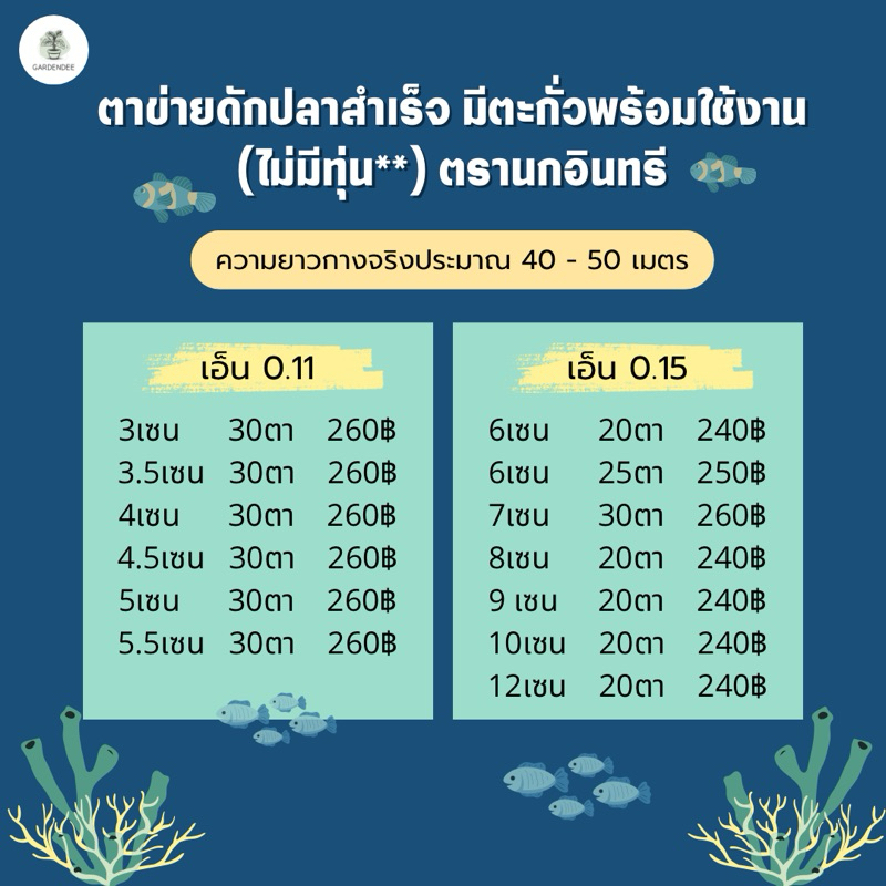 ตาข่ายดักปลา มองดักปลา พร้อมใช้งาน (ไม่มีทุ่น**) ลึก20,25,30ตา ขนาด3-12เซน ความยาวกางจริง40-50เมตร