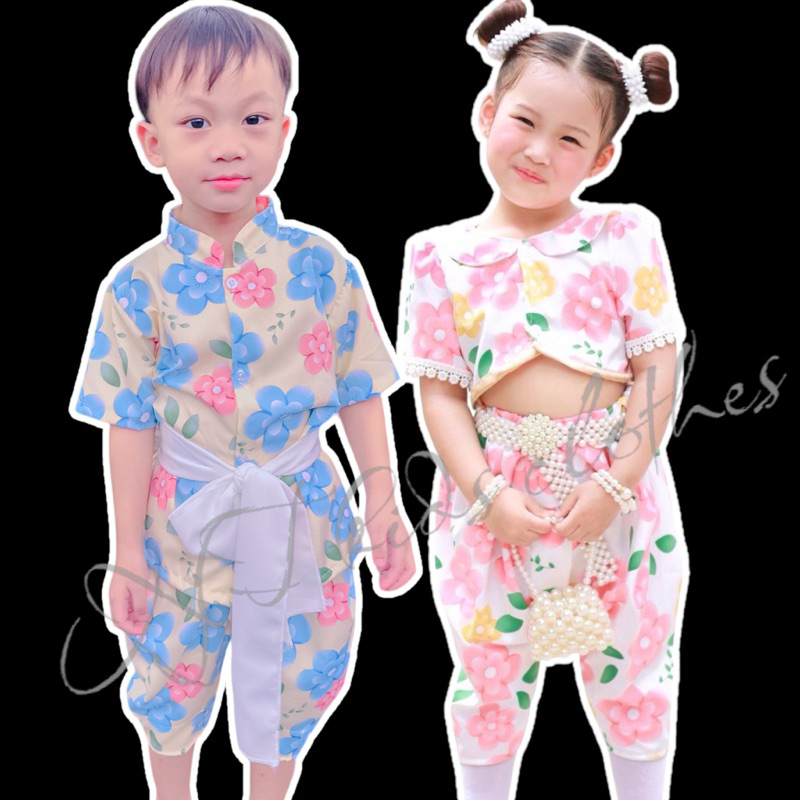 ชุดไทยลายดอกเด็กหญิง ชุดไทยลายดอกเด็กชาย ชุดสงกรานต์เด็ก