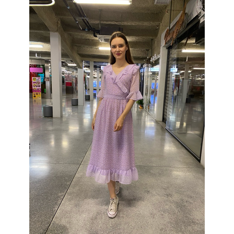 Alivia closet เดรสผ้าชีฟอง Berry yam แขน3 ส่วนสีม่วงพาสเทล