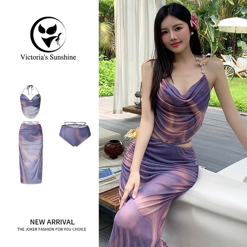Victoria's Sunshineชุดว่ายน้ำผู้หญิง ชุดว่ายน้ำกระโปรง สไตล์กระโปรงยาว ผูกคอ เอวสูง รุ่นใหม่#0418