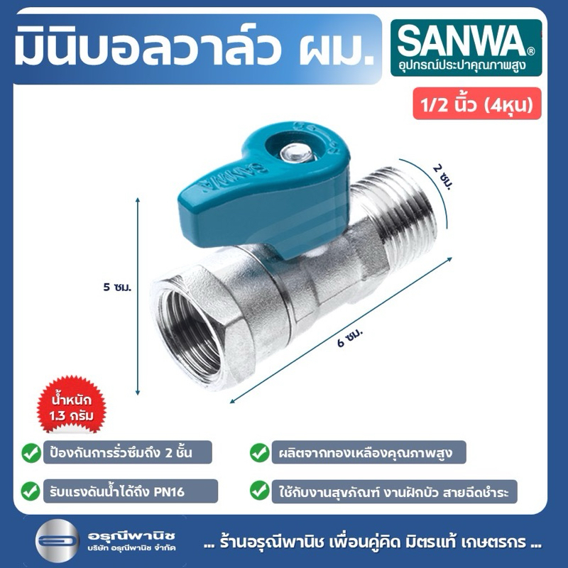 มินิบอลวาล์ว ผม. / มม. / ผมผ. มินิบอลวาล์วซันว่า ½” SANWA