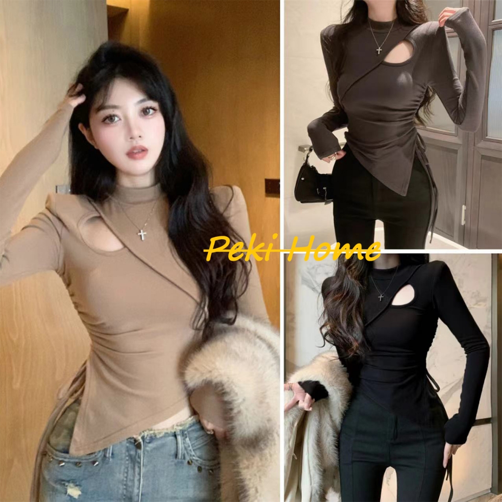 เสื้อแขนยาวใหม่ล่าสุด สีดำ ลายเจาะรู เชือกรูด ทรงเข้ารูป สำหรับผู้หญิง