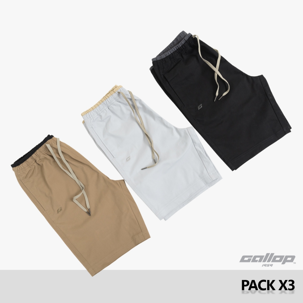 GALLOP : CASUAL SHORTS (1 แพค 3 ชิ้น) กางเกงขาสั้นผู้ชายเอวยางยืด รุ่นต่อขอบ GS9024S Set Classic Basic / ราคาปกติ 3870.-