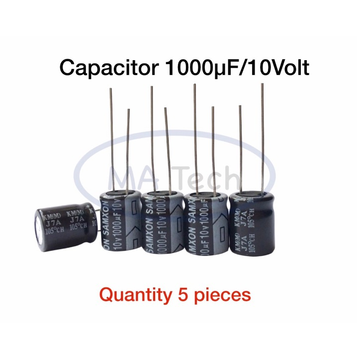 1000uf 10v คาปาซิเตอร์ 1000uF10V Capacitor 10v1000uf Pitch 5.0mm มีจำนวน 5 ชิ้น(Quantity5 pieces)