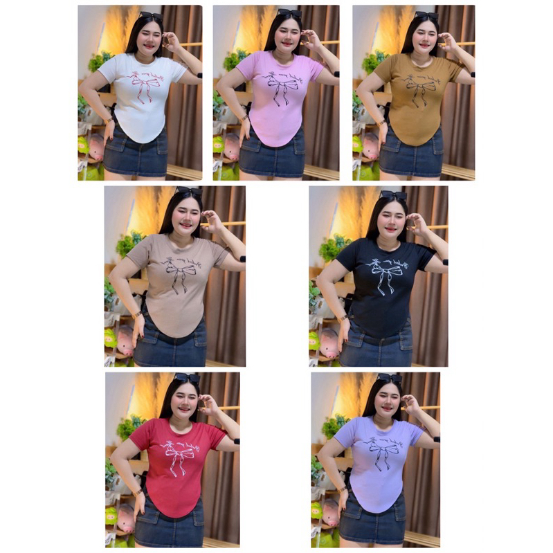 ถูกที่สุด เสื้อยืดสาวอวบ พิมพ์ลายโบว์ เอวเว้าตัวยุใส่แล้วดูผอมมีเอว (A63)