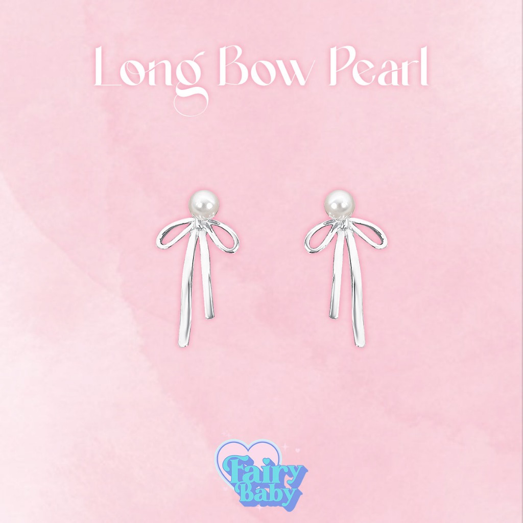 Fairybaby ต่างหู Long Bow Pearl  ตุ้มหู รูปโบว์ ยาว พร้อม ไข่มุก 1 คู่ 2 ชิ้น (E2-065)