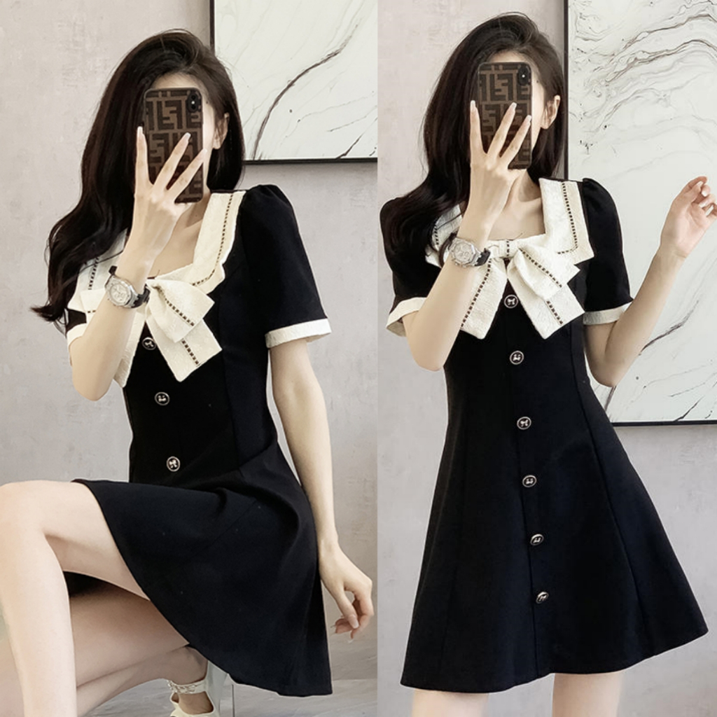 Beryl 🌻ชุดเดรสฝรั่งเศส🌷โบว์ใหญ่🎀 กระโปรงทรงสลิมคอเหลี่ยมสีดำ