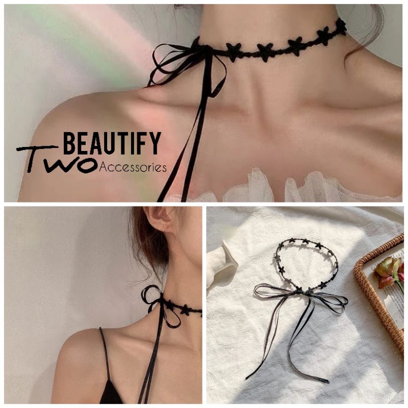 สร้อยคอแบบโช้คเกอร์ผูกเชือกดวงดาวสีดำมาพร้อมสร้อยข้อมือดวงดาวสีดำเข้าชุดกันใส่สวยแน่นอน