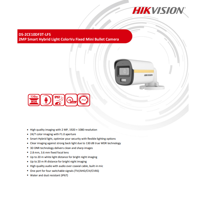 HIKVISION กล้องวงจรปิด COLORVU 2MP DS-2CE10DF3T-LFS 2.8/3.6mm(1) Dual-light Fixed Mini - รูปที่ 3