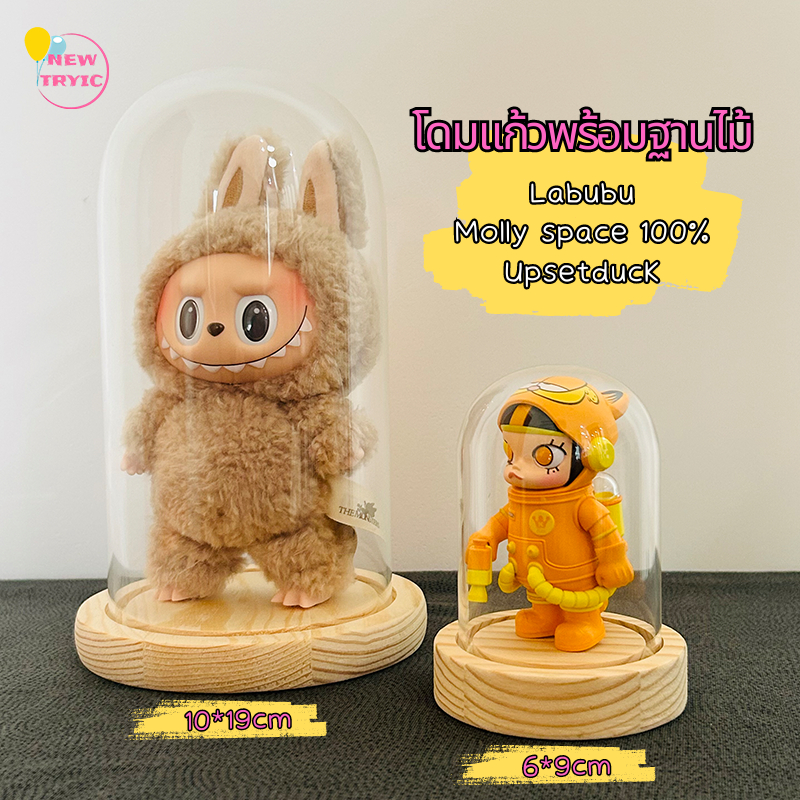 โดมแก้วพร้อมฐานไม้ กล่องใส่ Labubu Upsetduck ตู้ใส่โมเดล ฐานไม้ ขนาด 10x19cm