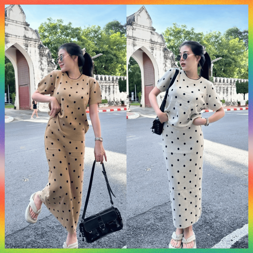 🌈MesubShop🌈ชุดเซ็ท2ชิ้น เสื้อคอกลมแขนสั้น คู่กับกระโปรงแม๊กซี่ ลายโพกาดอท 💥 เรียบหรูดูแพง สาวอวบอ้วนใส่ได้ รุ่น บ้านพัก