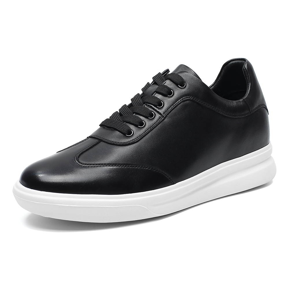 Jet-Black Prime Sneakers รองเท้าผ้าใบหนังแท้สีดำเพิ่มความสูง 7.5 ซม. | รองเท้าเสริมส้น Chuniverse
