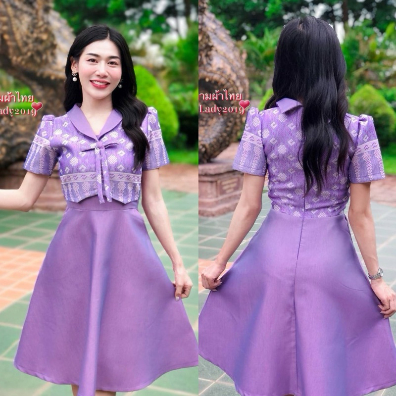 เดรสผ้ามัดหมี่ผ้าไทยทั้งชุด ทอลาย อัดกาวทั้งชุด คอกลมแต่กระดุม กระโปรง8ชิ้น ใส่สบายไม่ดูไม่พองเรียบๆตามทรง