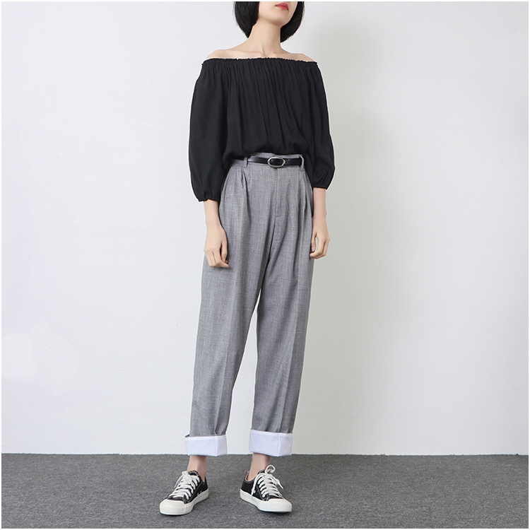 กางเกงเอวสูงสไตส์หลวมJapanสีเทา(A1674)