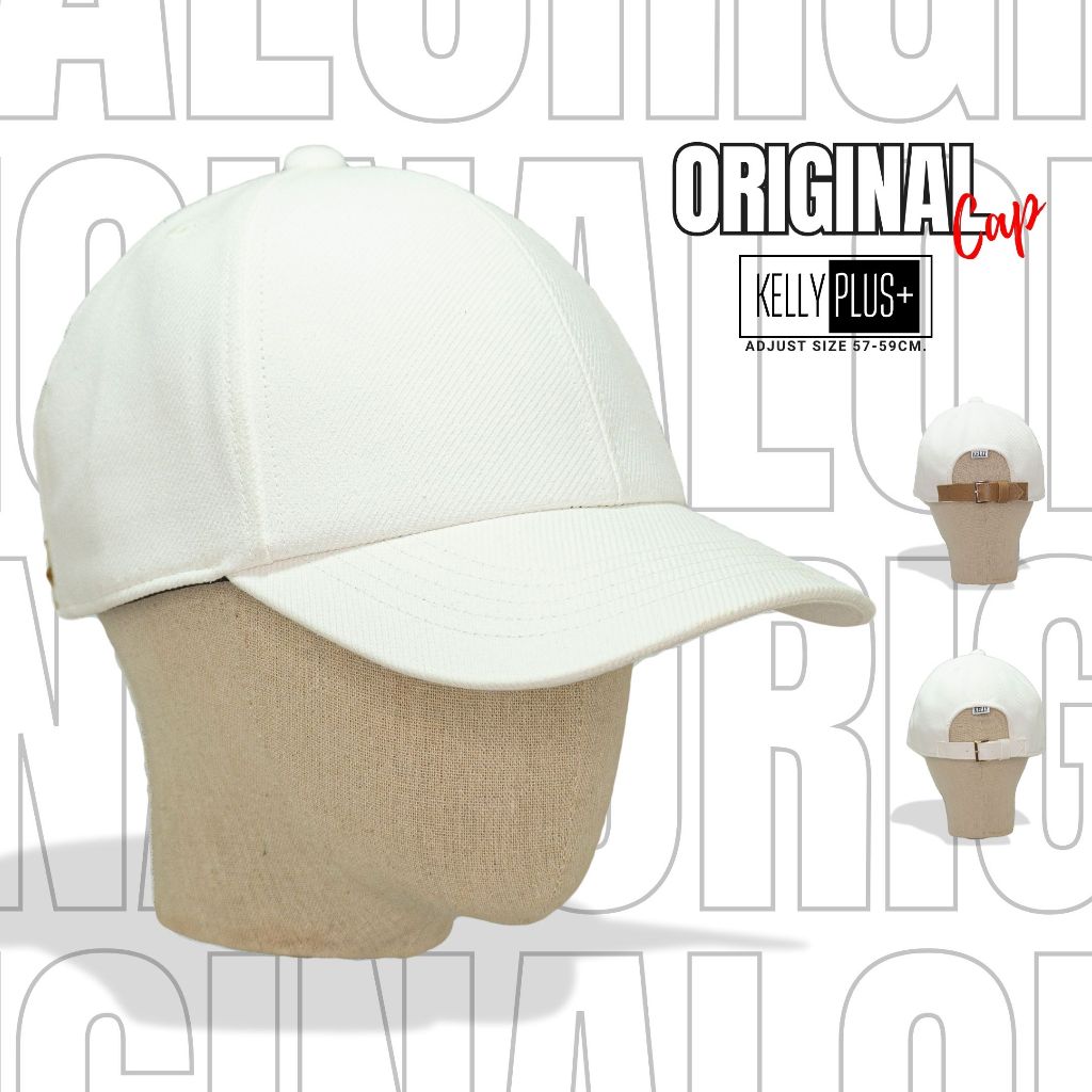 หมวกแก๊ปผ้าคอตต้อน 100% สีขาว Kelly Original Cap หมวกเปล่าไม่มีงานปัก ปรับไซส์ได้ 57-59 cm.
