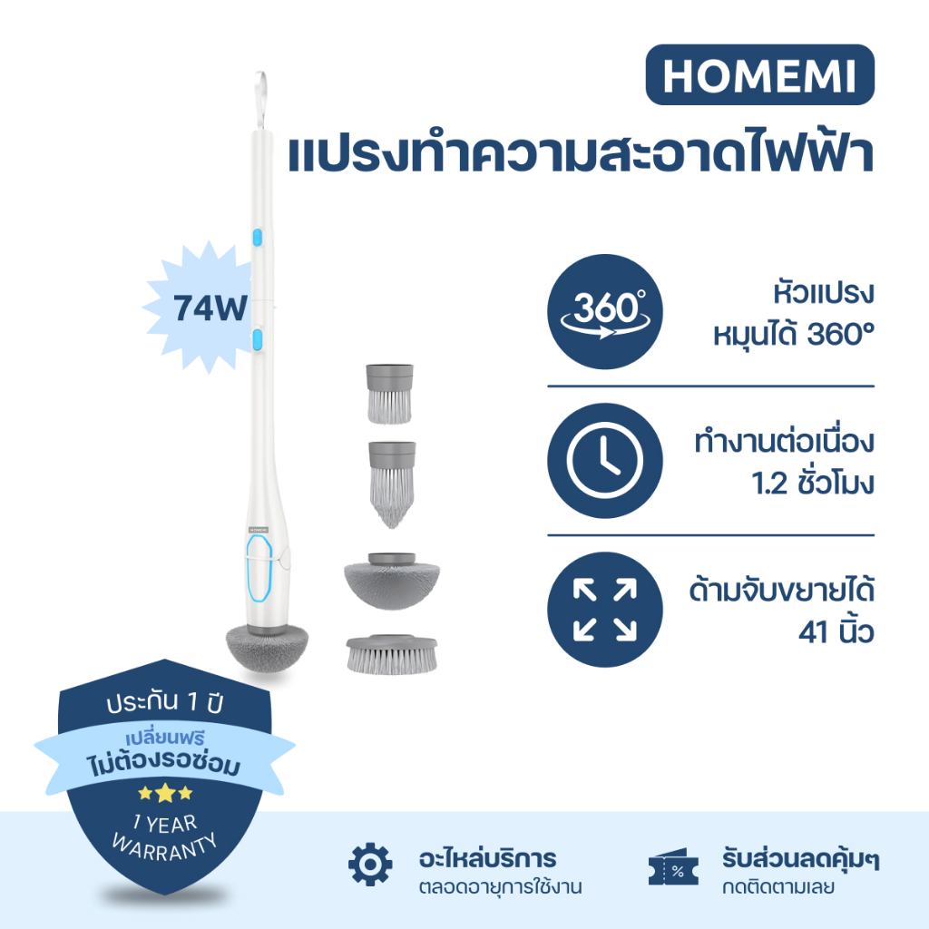Homemi แปรงทำความสะอาดไฟฟ้า รุ่น 74W แถมหัวเปลี่ยน 4 แบบ ขัดห้องน้ำ ล้างรถ เช็ดกระจก (HM0025-P-WH)