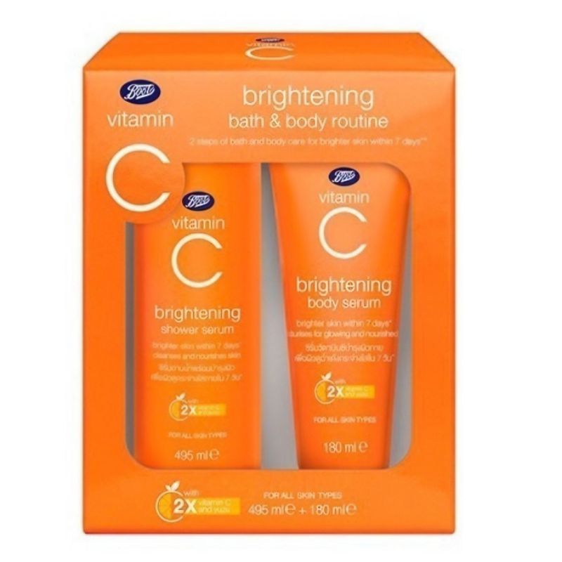 BOOTS VITAMIN C บู๊ทส์ วิตามิน ซี ไบรท์เทนนิ่ง บาธ แอนด์ บอดี้ รูทีน x 2 ชิ้น (495มล+180มล)