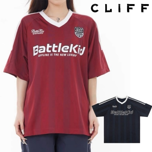 CLIFF เสื้อยืดผู้ชาย คอวีแขนสั้น แบบบาง เสื้อผู้หญิง ขอบลาย ชุดคู่รัก