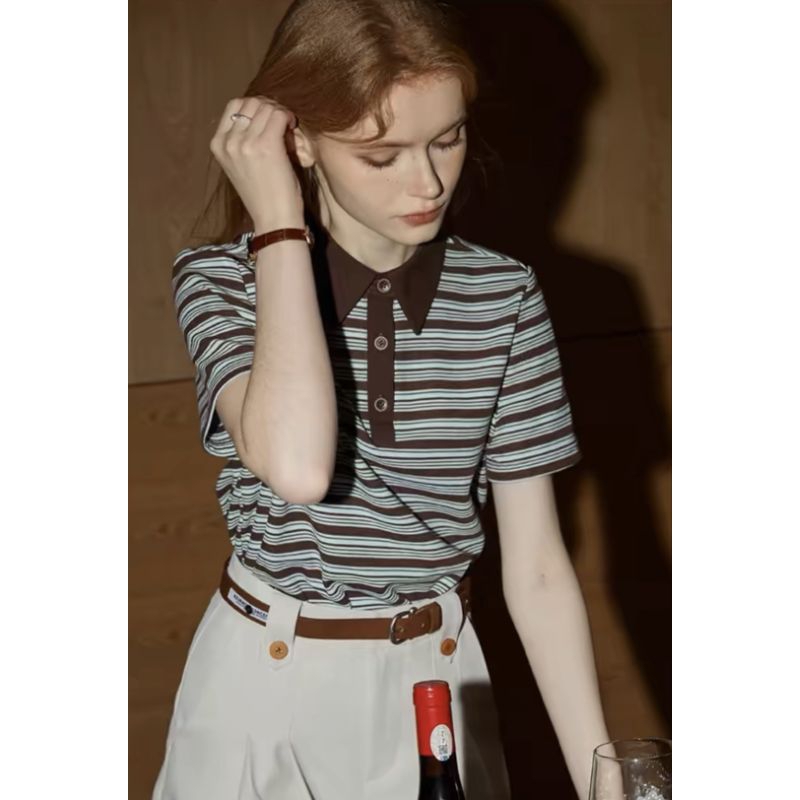 Valen เสื้อคอปกโปโล ทอลายริ้ว เกาหลี สีทูโทน น้ำตาลเขียวมิ้น