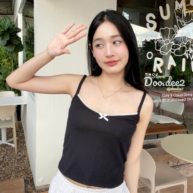 ♦️DOODEE2♦️เสื้อสายเดี่ยวแต่งระบายชาย ผ้าลูกไม้คอตตอนปักฉลุ