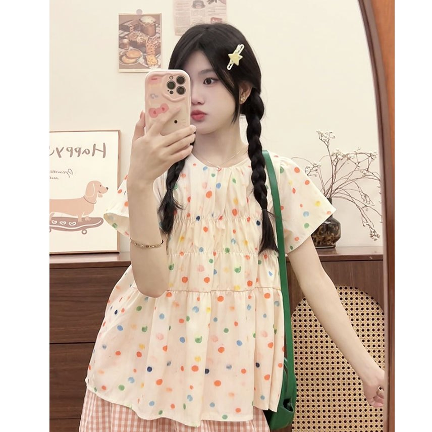 PBB183 เสื้อแฟชั่นเกาลี ลายจุดแขนสั้น ช่วงตัวจั้ม เกาหลีเกาใจด้วยสีครีม So cute สุดๆ