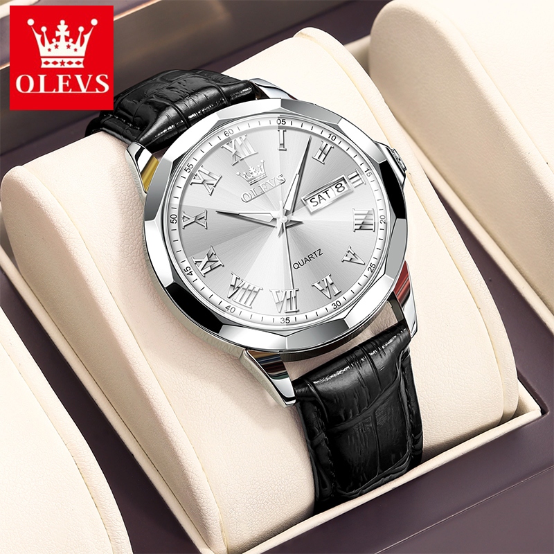 OLEVS นาฬิกาผู้ชาย กันน้ำ 100% แท้ ธุรกิจ กีฬา ปฏิทิน เรืองแสง สายหนังแท้ นาฬิกาข้อมือควอตซ์ ผู้ชาย
