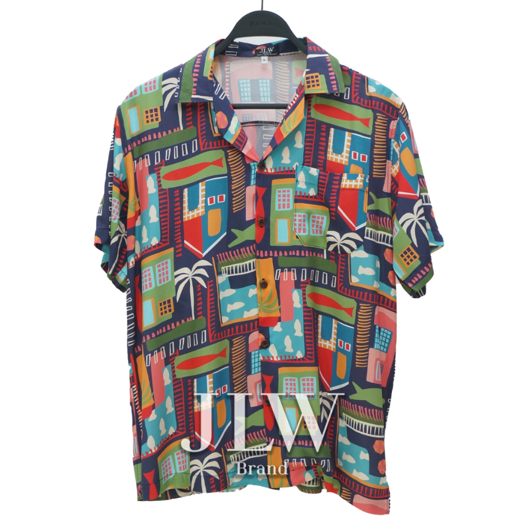 เสื้อฮาวาย ลายปลาซิว กรม ผ้านิ่ม M L XL Oversize คอฮาวาย JLW BRAND