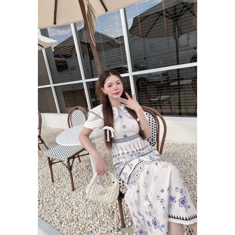 (2xl) พร้อมส่ง🌷ชุดเดรสสีขาวคอปกแต่งลูกไม้ งานป้าย Bo rich ta แท้ มือ1 ป้ายห้อย