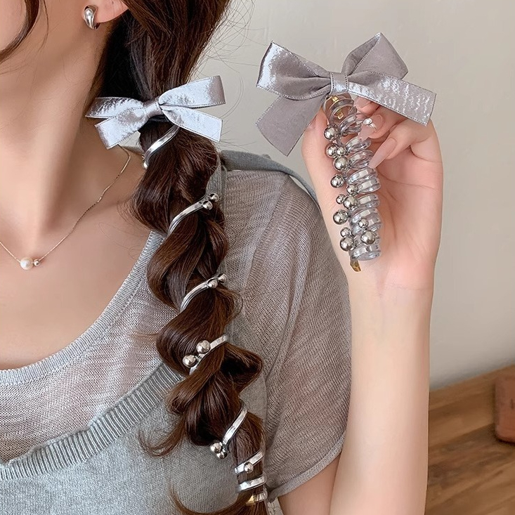 Bow Telephone Silver ยางรัดเกลียวโทรศัพท์ดีไซน์โบว์ประดับมุก ยางรัดผม ยางมัดผม