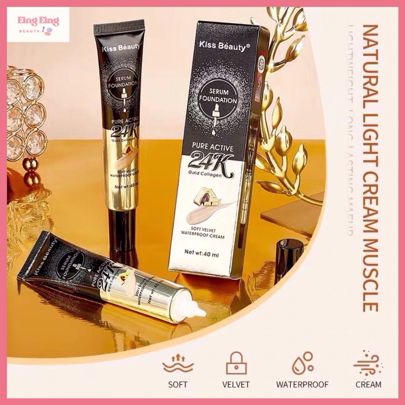 (68474) Kiss Beauty Pure Active 24k Foundation รองพื้นทอง คอลลาเจน เนื้อเเมทต์ ปกปิด ติดทน กันน้ำ ขน