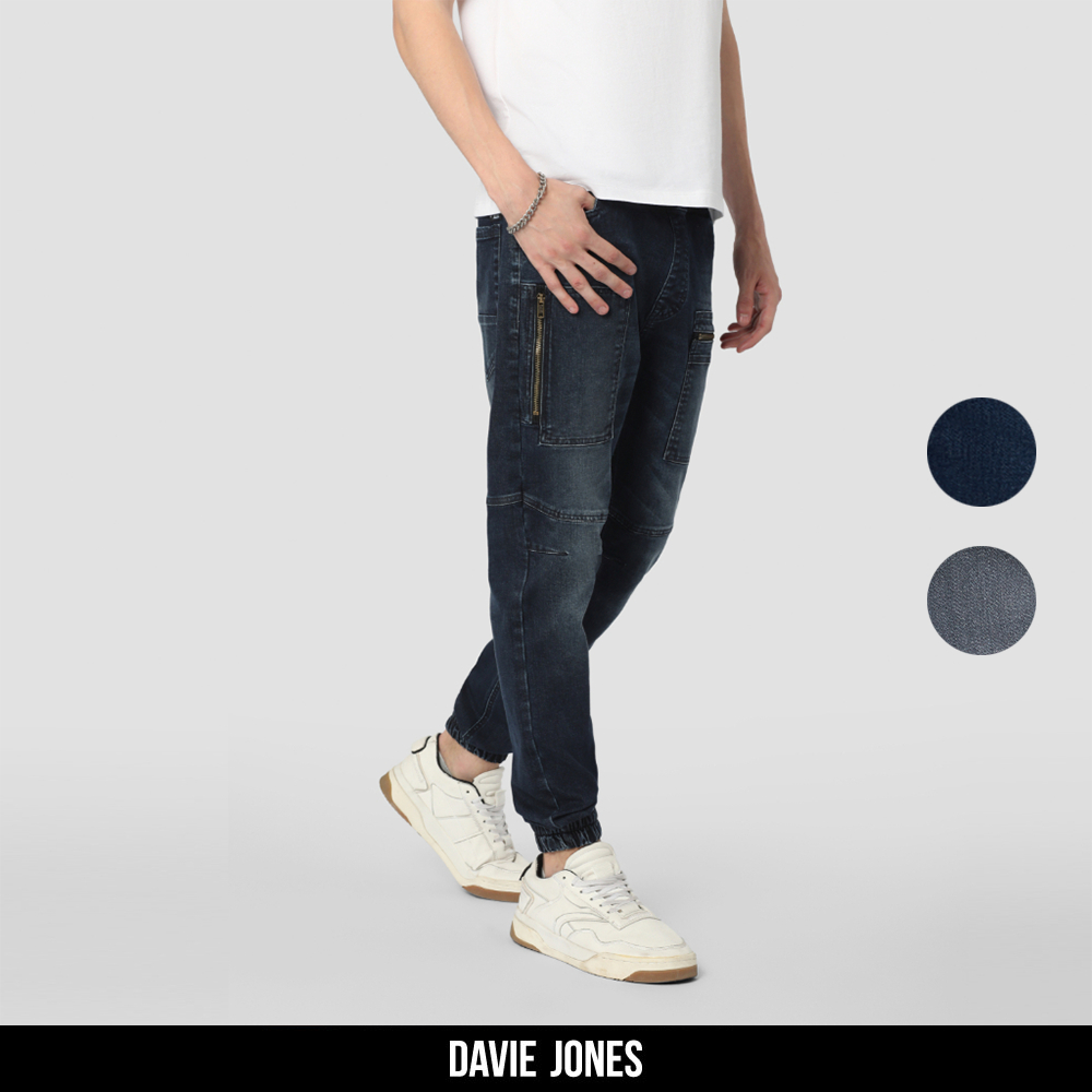 DAVIE JONES กางเกงจ็อกเกอร์ ยีนส์ เอวยางยืด Elastic Waist Denim Joggers GP0097 สีกรม เทา