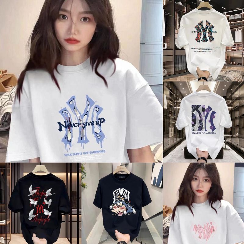 Y-T【Six Styles】 เสื้อยืดโอเวอร์ไซส์ พิมพ์ "นิวยอร์ก" คอกลม สวมใส่สบาย ผ้าฝ้าย 100% เสื้อยืดยูนิเซ็กส์ เสื้อสไตล์เกาหลี