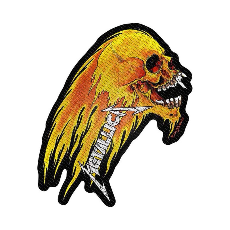 อาร์มติดเสื้อวง METALLICA STANDARD WOVEN PATCH: FLAMING SKULL CUT-OUT  ลิขสิทธิ์ของแท้100% UK