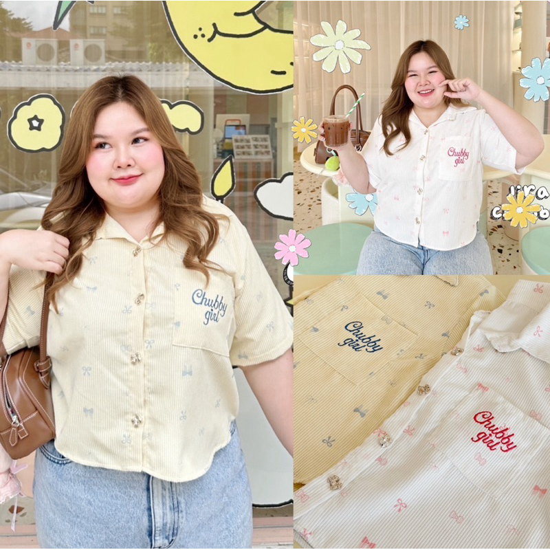 เข้าเพิ่ม พร้อมส่งค่า/JR/เสื้อเชิ้ตสาวอวบ ผ้าลูกฟูก ลายโบว์ กระดุมโบว์ ปักกระเป๋า #เสื้อผ้าไซส์ใหญ่ อ้วน พลัสไซส์