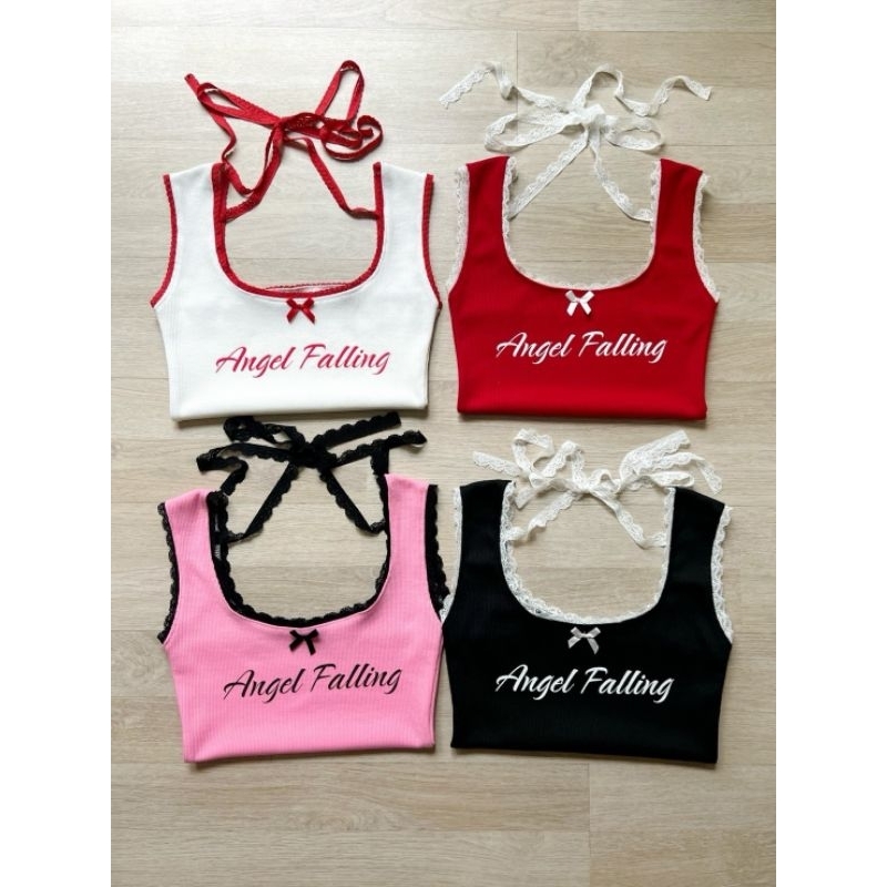 พร้อมส่ง เสื้อกล้ามครอปแต่งลูกไม้ สายผูกด้านหลังน่ารัก สไตล์สาวเวียด