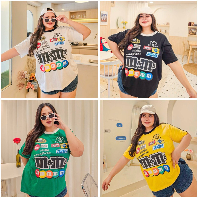 เสื้อยืดคอกลม แต่งแถบ สกรีนลาย MM 40"-60"