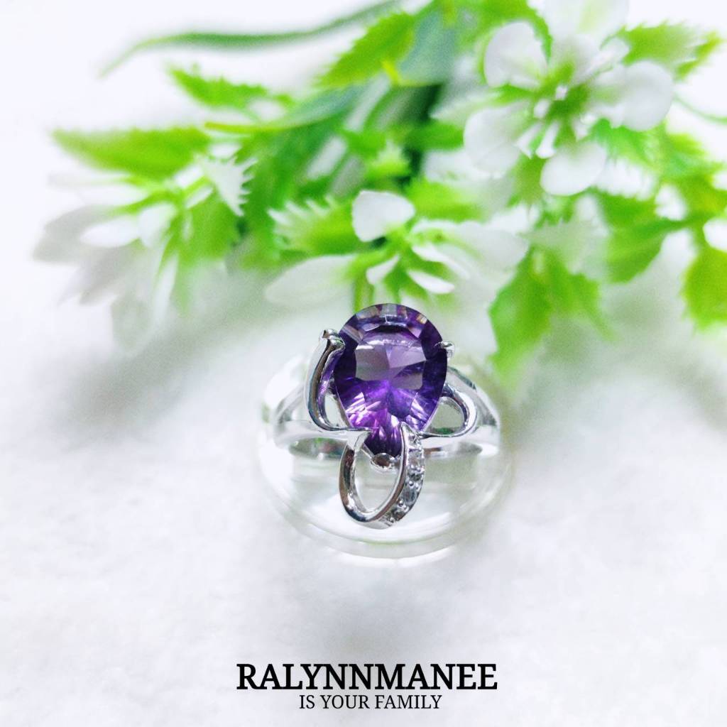F6430 แหวนพลอยอเมทิสต์แท้ ( Natural Amethyst ) ตัวเรือนเงินแท้925 ชุบทองคำขาว ไซส์56 แก้ไซส์ฟรี