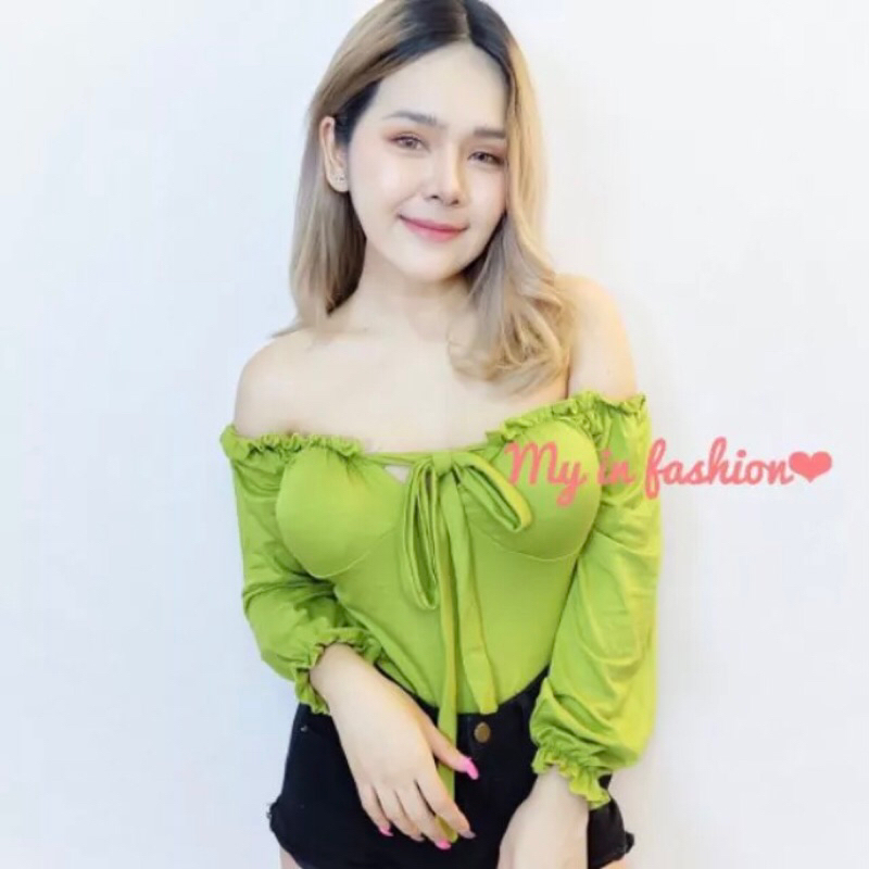 บอดี้สูทโบว์หน้า แขนยาว อกฟองน้ำ ผ้าคอตตอนยืด สวยๆแซ่บๆ